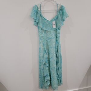 Suzy Womens Midi Dress Size Small Chiffon Off Shoulder‎ Ruffle Fairy Blue Green